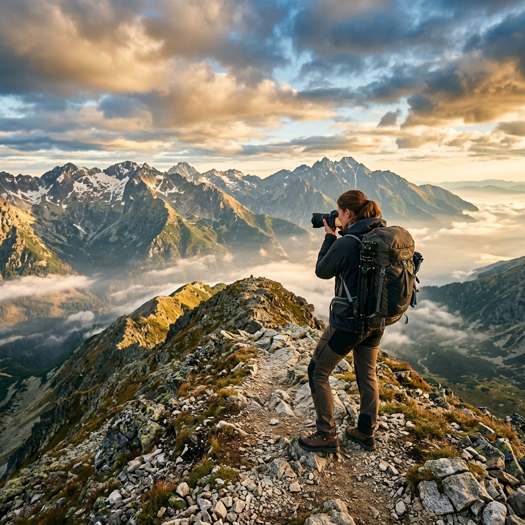 Photographer capturing the beauty of Slovak mountains at sunrise